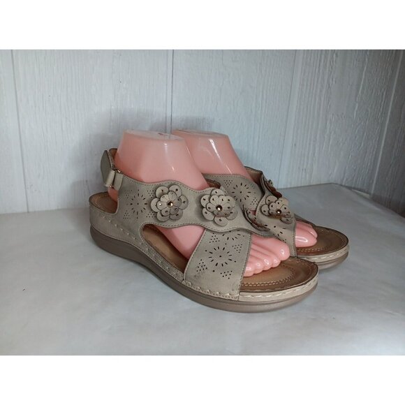 Shibever Shoes - SHIBEVER Sandals Women's 41 US 9.5 Tan Low Wedge Floral Adjustable Heel Strap